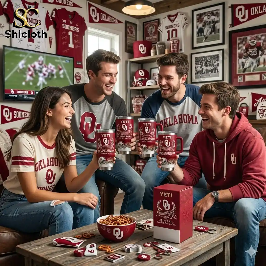 Four Oklahoma Sooners fans holding red Yeti anniversary tumblers in a team decorated living room.