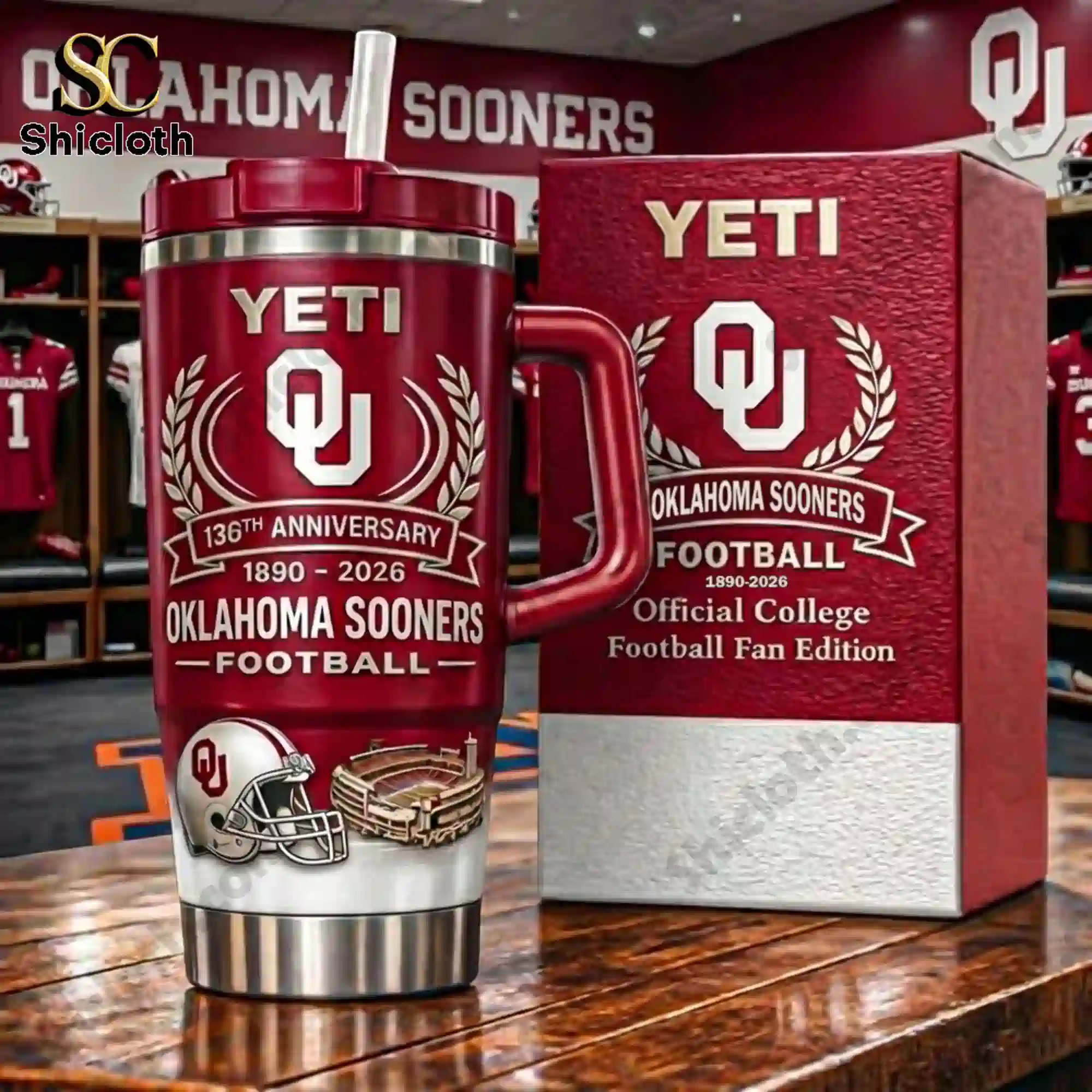 Red Oklahoma Sooners 136th Anniversary Yeti tumbler with official fan edition box.