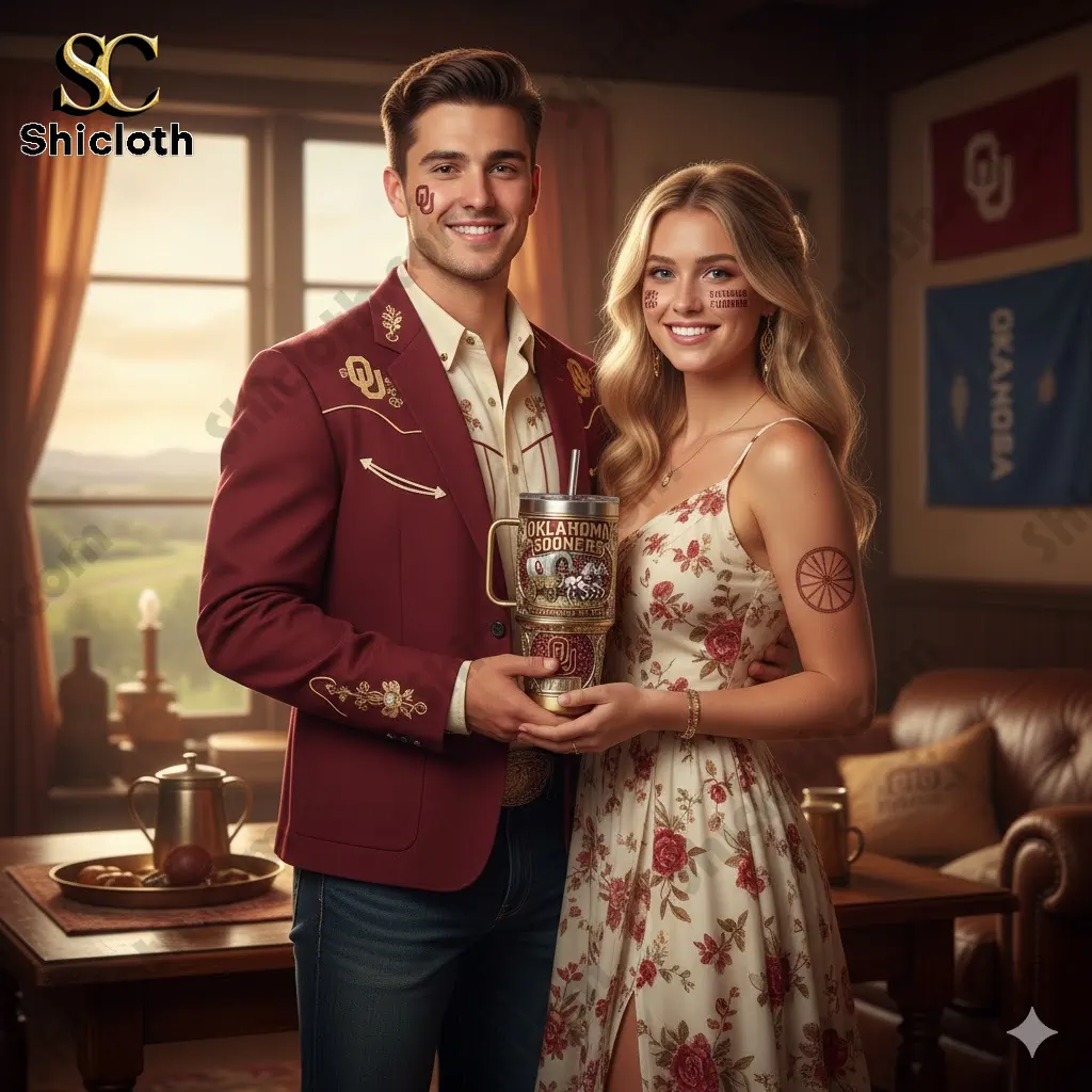 Oregon Ducks 131st Anniversary Tribute Tumbler 57 Couple holding an Oklahoma Sooners themed tumbler mug indoors.