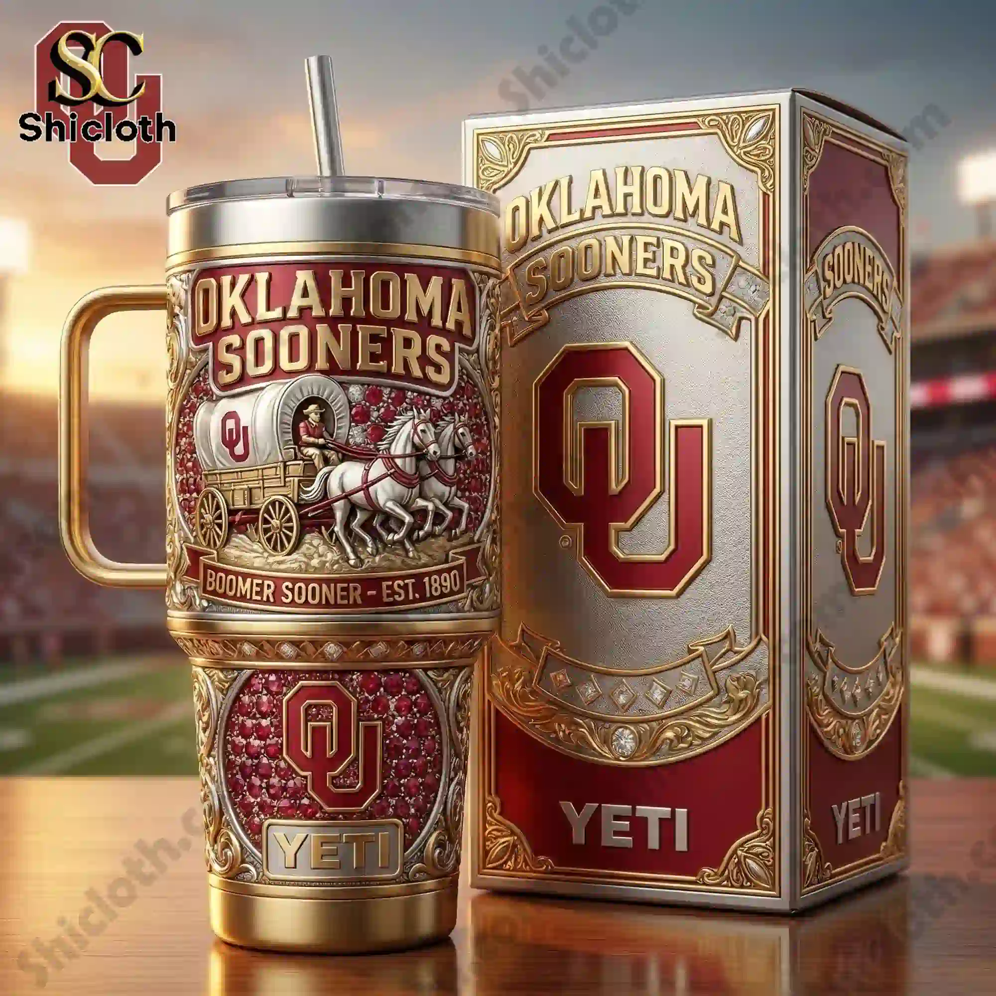 Oklahoma Sooners tumbler with handle displayed beside matching product box.