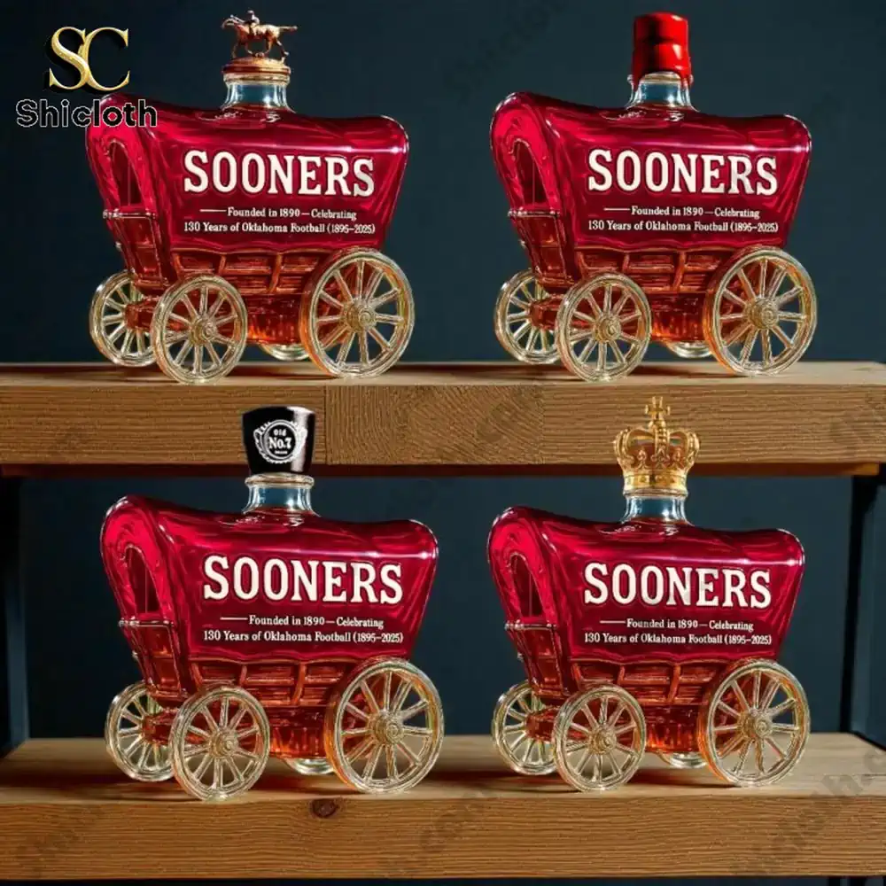 Red Sooners wagon shaped glass bottle set on wooden shelf