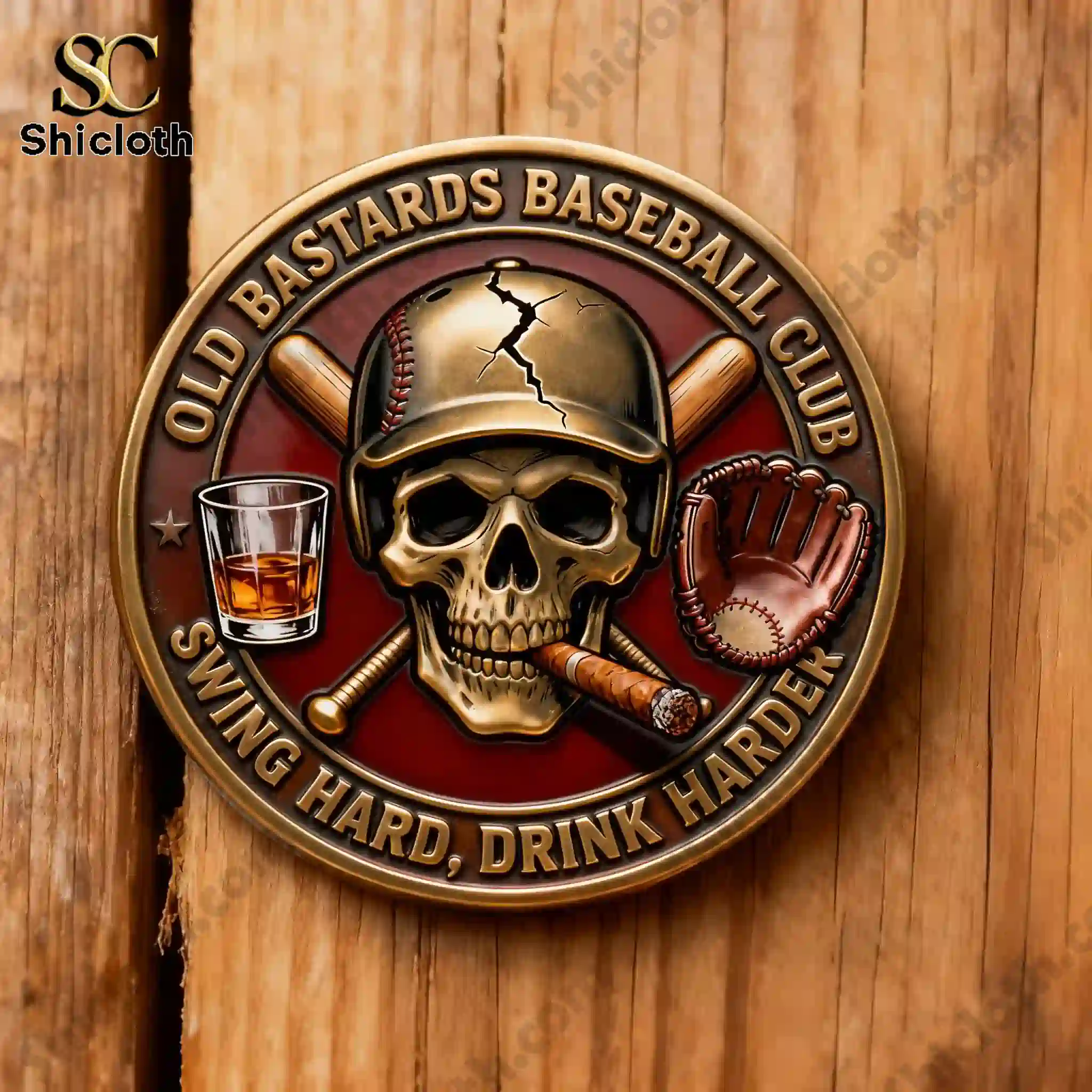 Old Bastards Baseball Club Swing Hard, Drink Harder Coin 3 Old Bastards Baseball Club coin with skull wearing helmet and baseball elements