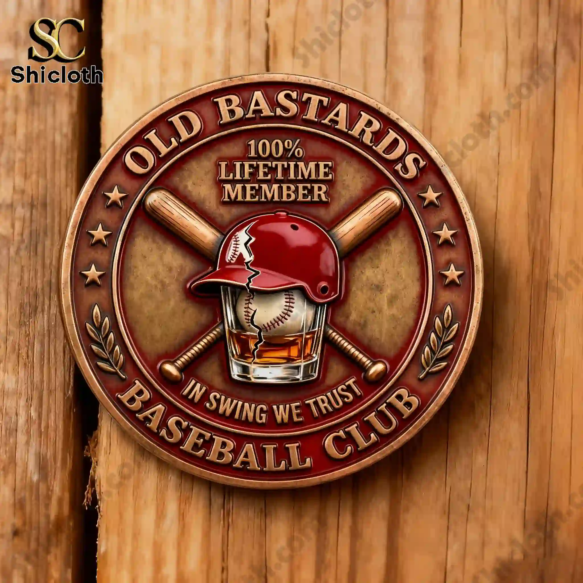 Old Bastards Baseball Club Swing Hard, Drink Harder Coin 4 Old Bastards Baseball Club coin with red helmet baseball and crossed bats