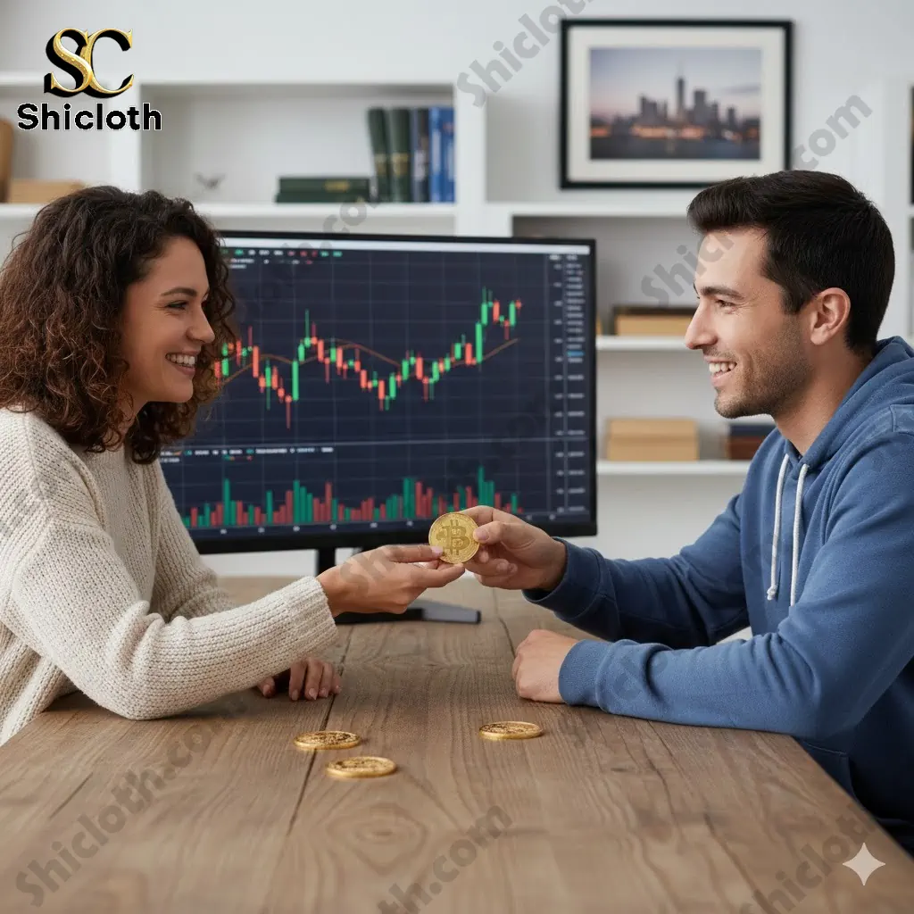 Man and woman exchanging Bitcoin coin in front of stock trading chart on computer screen!