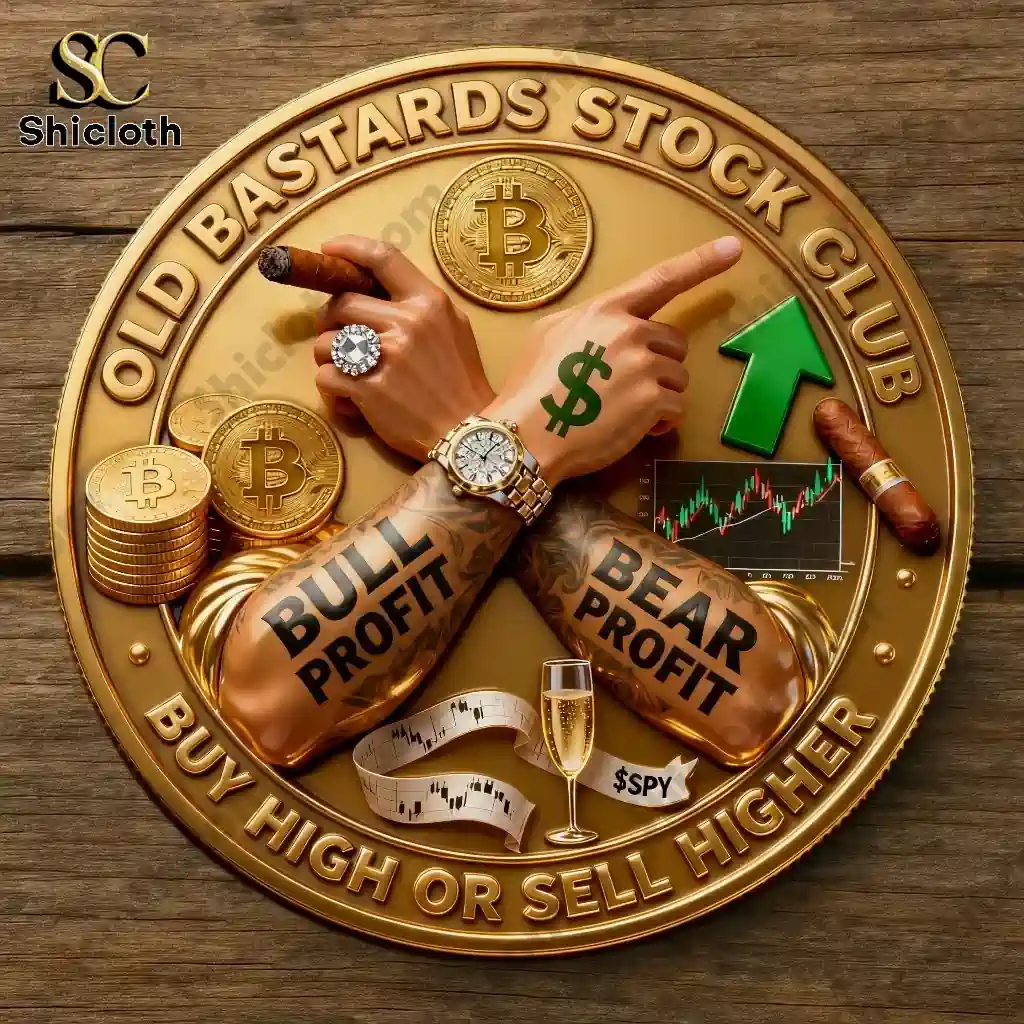 Gold coin design with bull and bear profit theme and stock chart background!
