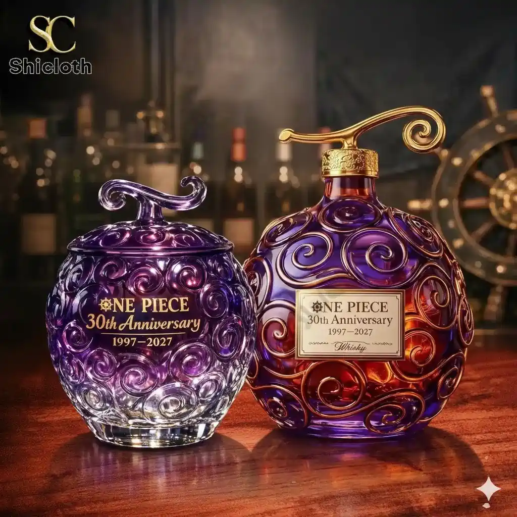 Decorative One Piece anniversary whisky bottle and jar on wooden table!
