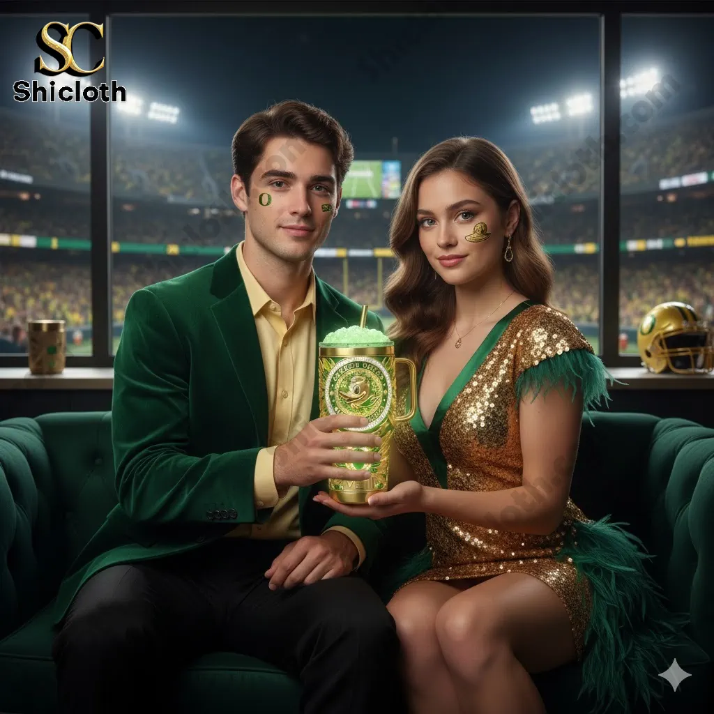 Oregon Ducks 131st Anniversary Tribute Tumbler 55 A man and woman holding an Oregon Ducks gold and green tumbler in a stadium lounge!
