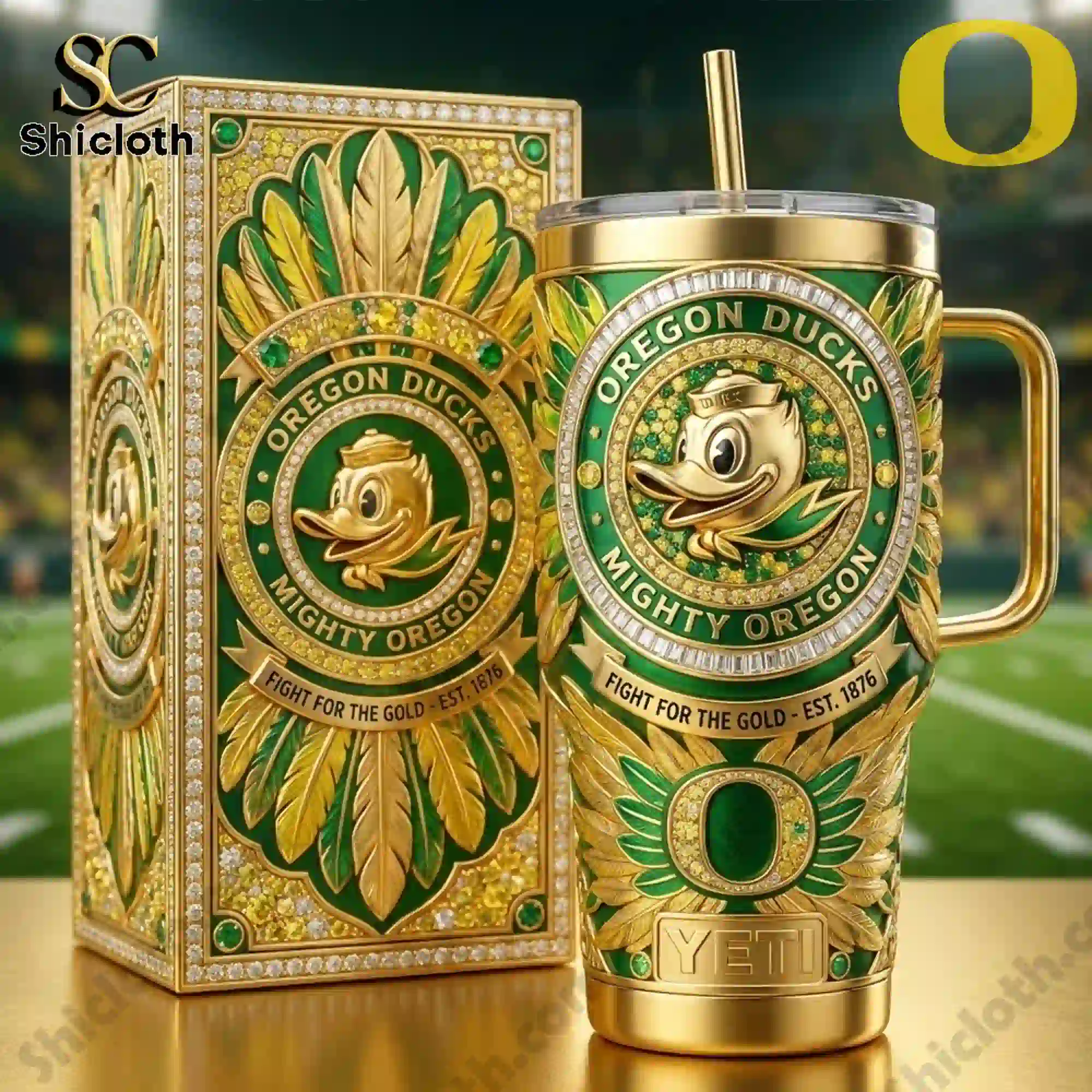 Close up of an Oregon Ducks gold and green tumbler with matching decorative box!