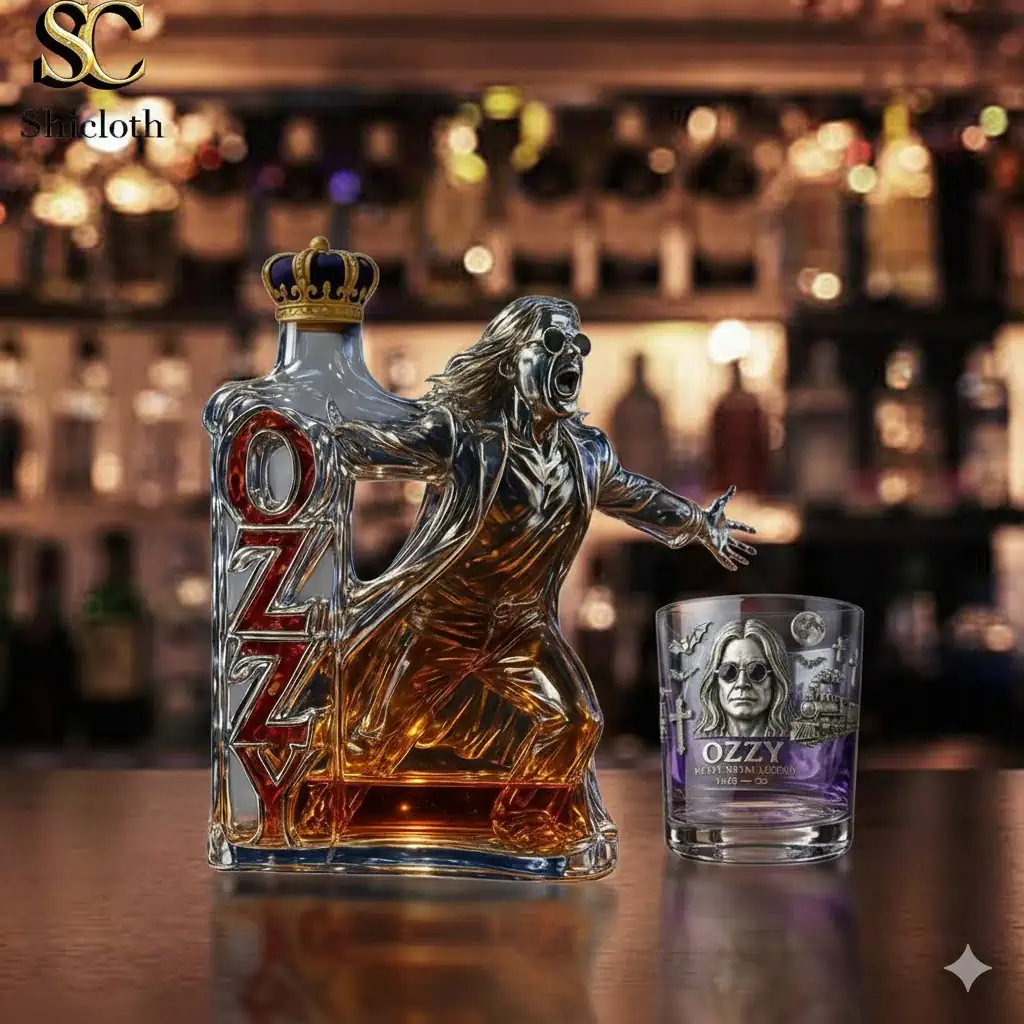 Decorative whiskey bottle shaped like a rock singer with matching glass!