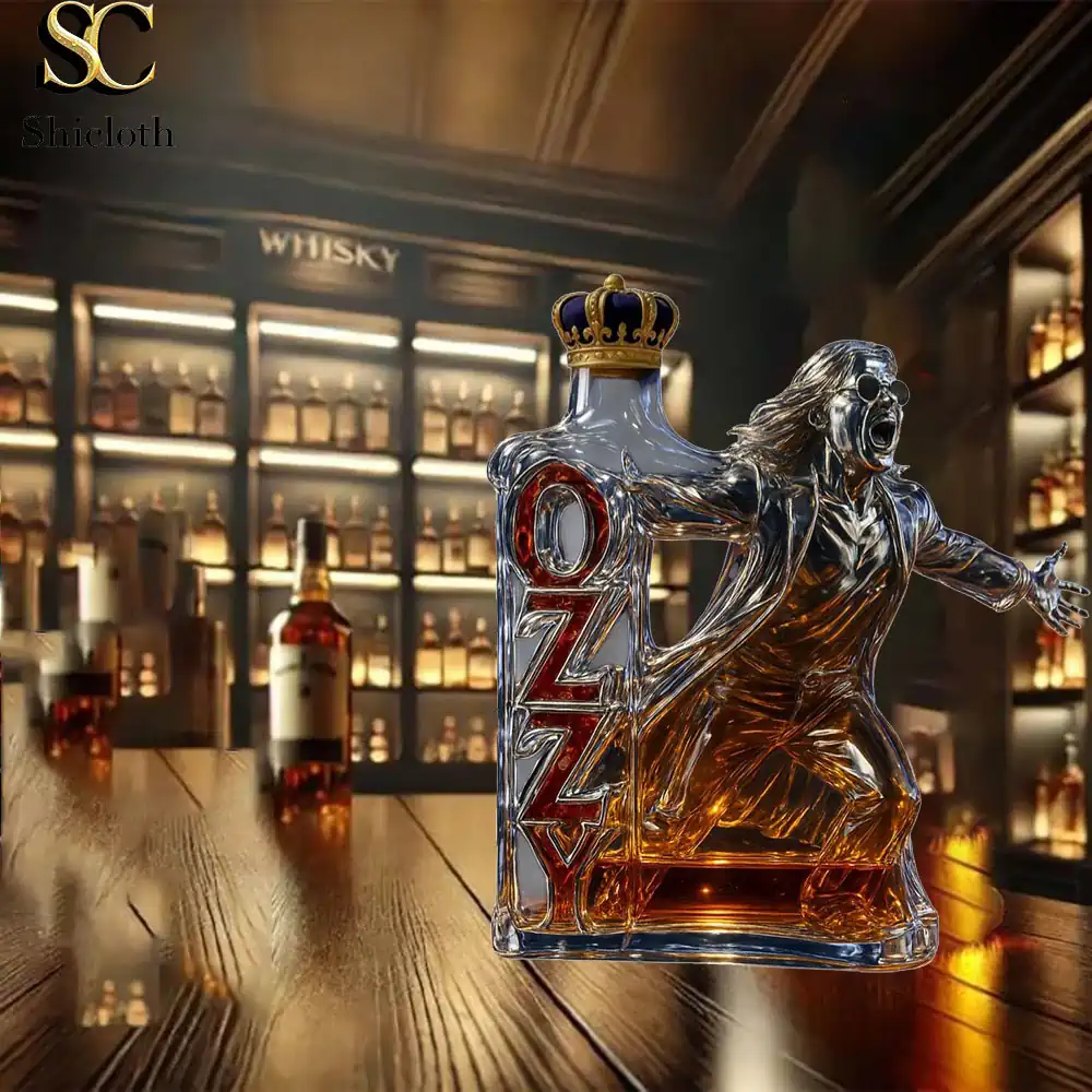 Rock figure shaped whiskey bottle displayed on a bar counter!