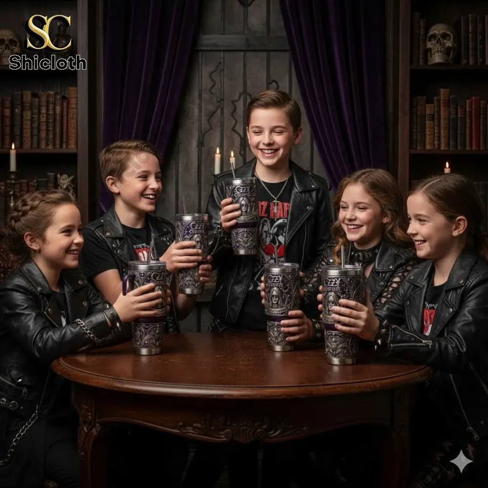 Children wearing rock style outfits holding dark themed metal tumblers together!