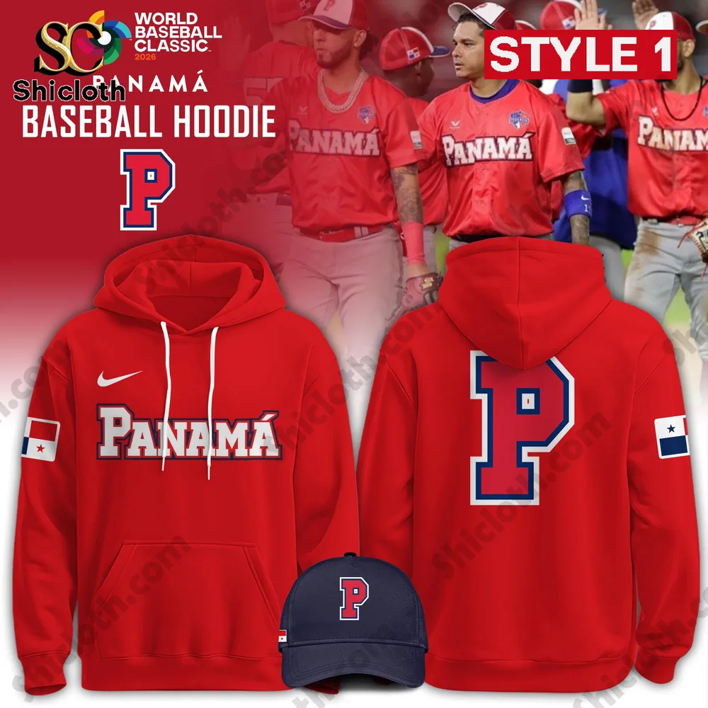 Red Panama baseball hoodie showing front and back design with matching cap.