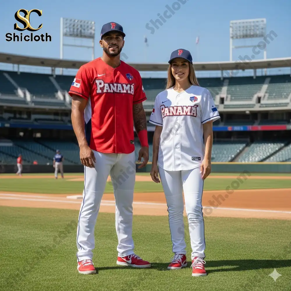 Two models wearing Panama baseball uniforms standing on a baseball field.