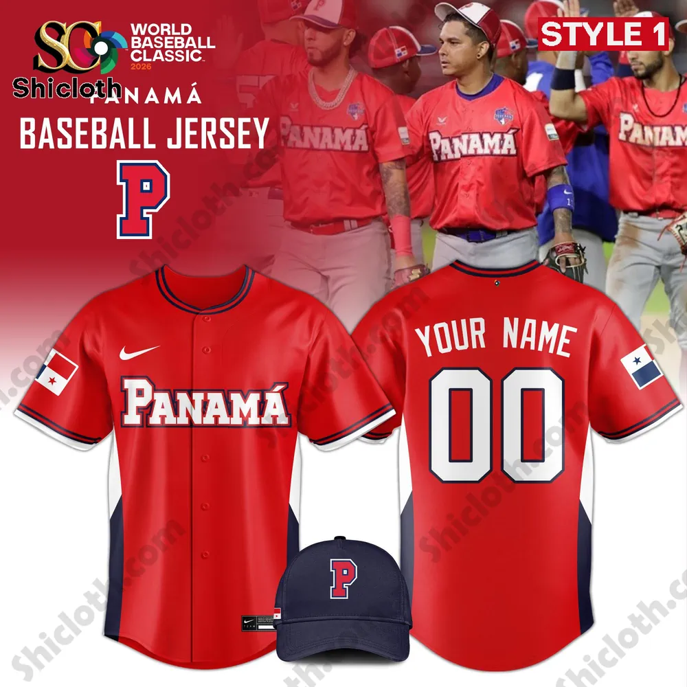 Red Panama baseball jersey design with front and back view and matching cap.