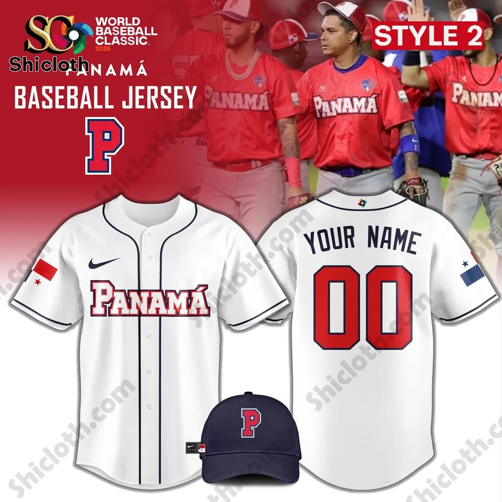 Panama Baseball 2026 World Baseball Classic Jersey Limited Edition 3 White Panama baseball jersey design with front and back view and matching cap.
