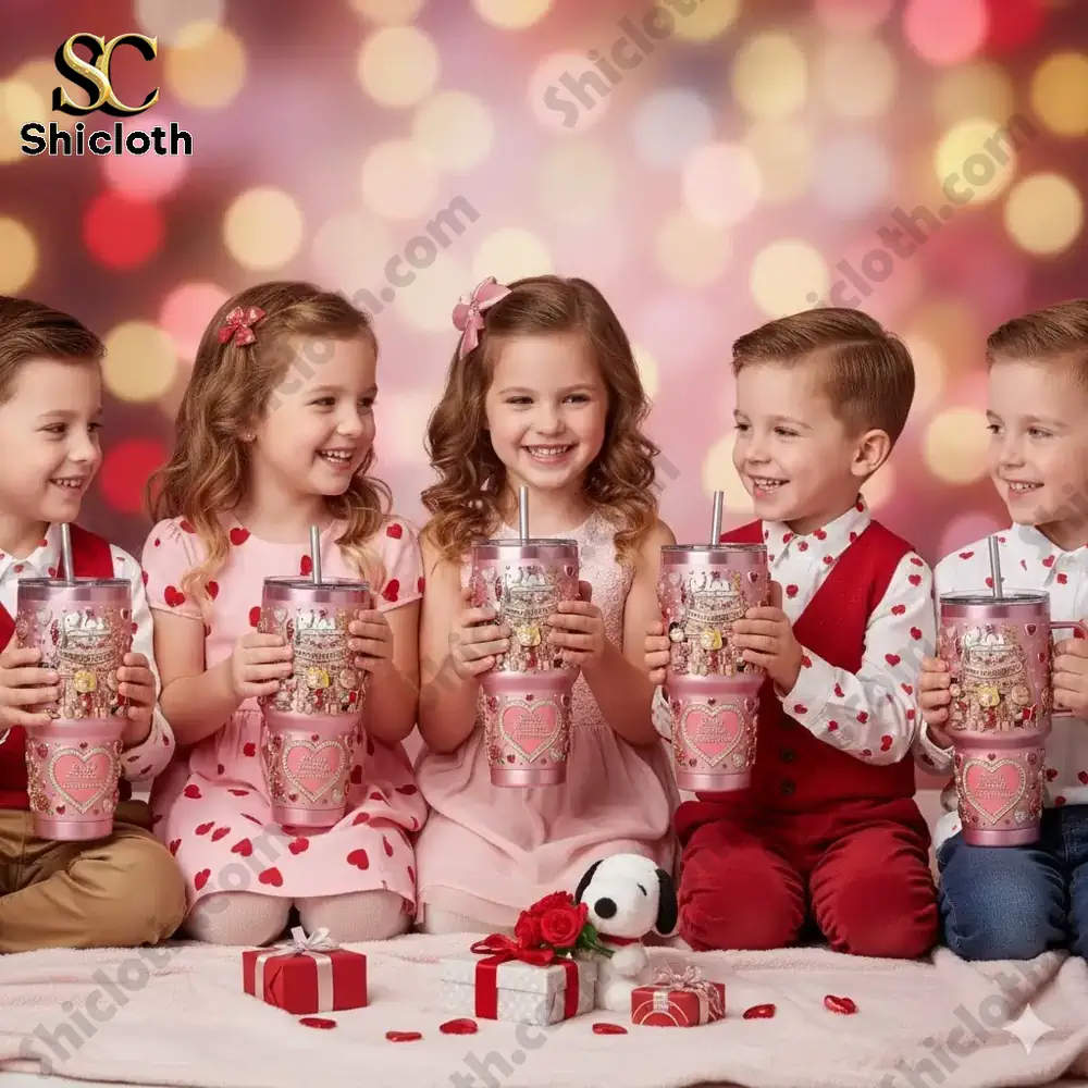Smiling children holding pink Peanuts Valentine tumblers from Shicloth shop!