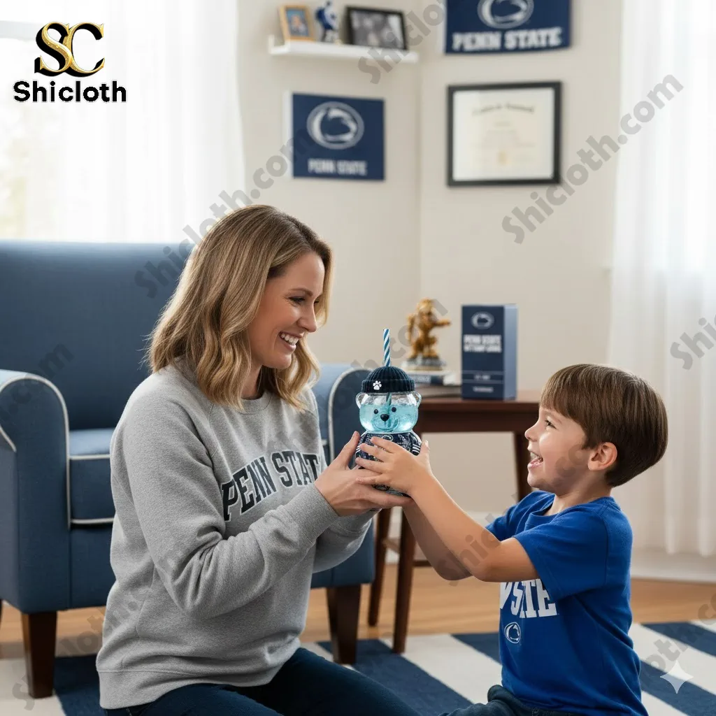 Mother and young boy holding Penn State Nittany Lions anniversary bear cup in living room.