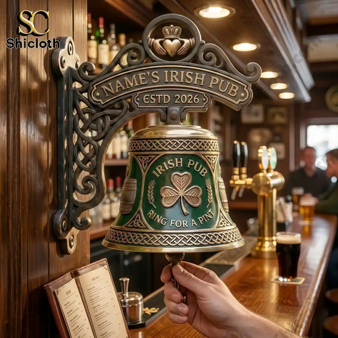 Personalized Irish pub bell mounted on wooden bar wall with shamrock design