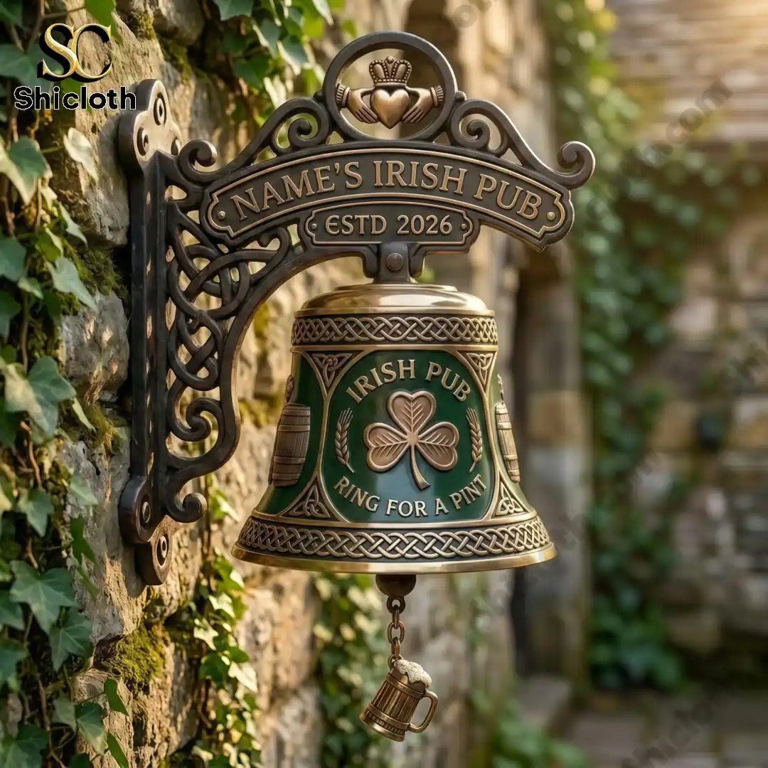 Personalized Irish pub bell mounted on stone wall with ivy background
