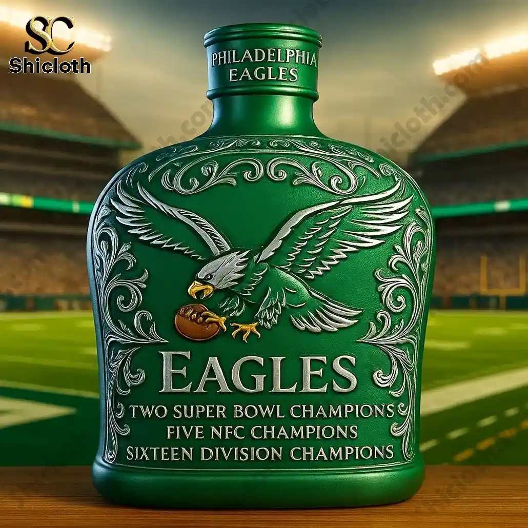 Green Philadelphia Eagles engraved flask bottle in a football stadium