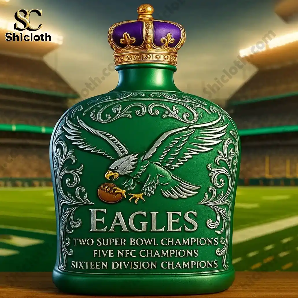 Philadelphia Eagles 2 Super Bowl Champs Whiskey Bottle 3 Green Philadelphia Eagles engraved flask bottle with royal crown cap