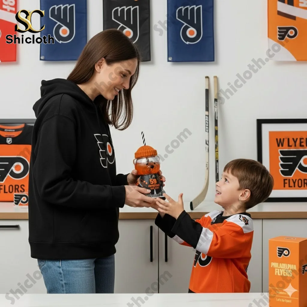 Mother and young boy holding Philadelphia Flyers 59th Anniversary bear bottle in team themed room.
