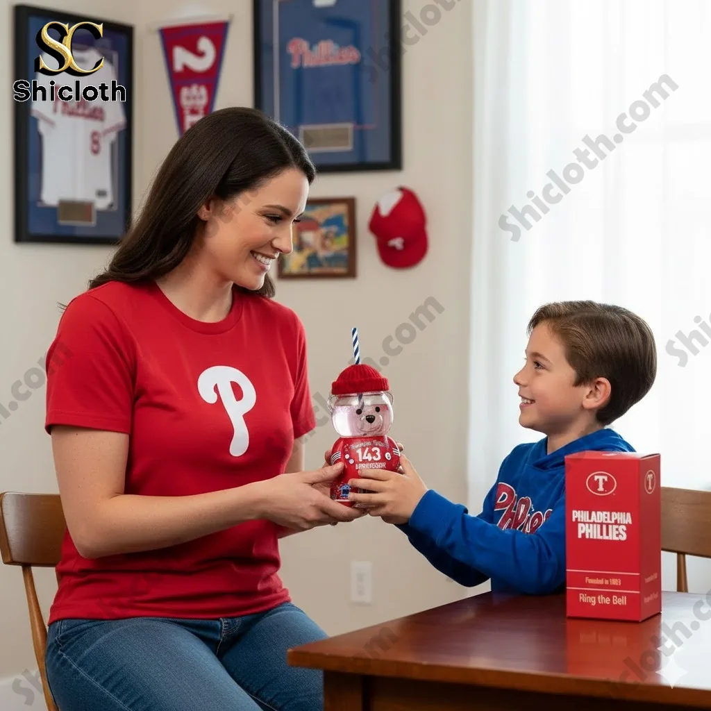 Woman and child holding a Philadelphia Phillies anniversary bear cup at a table.