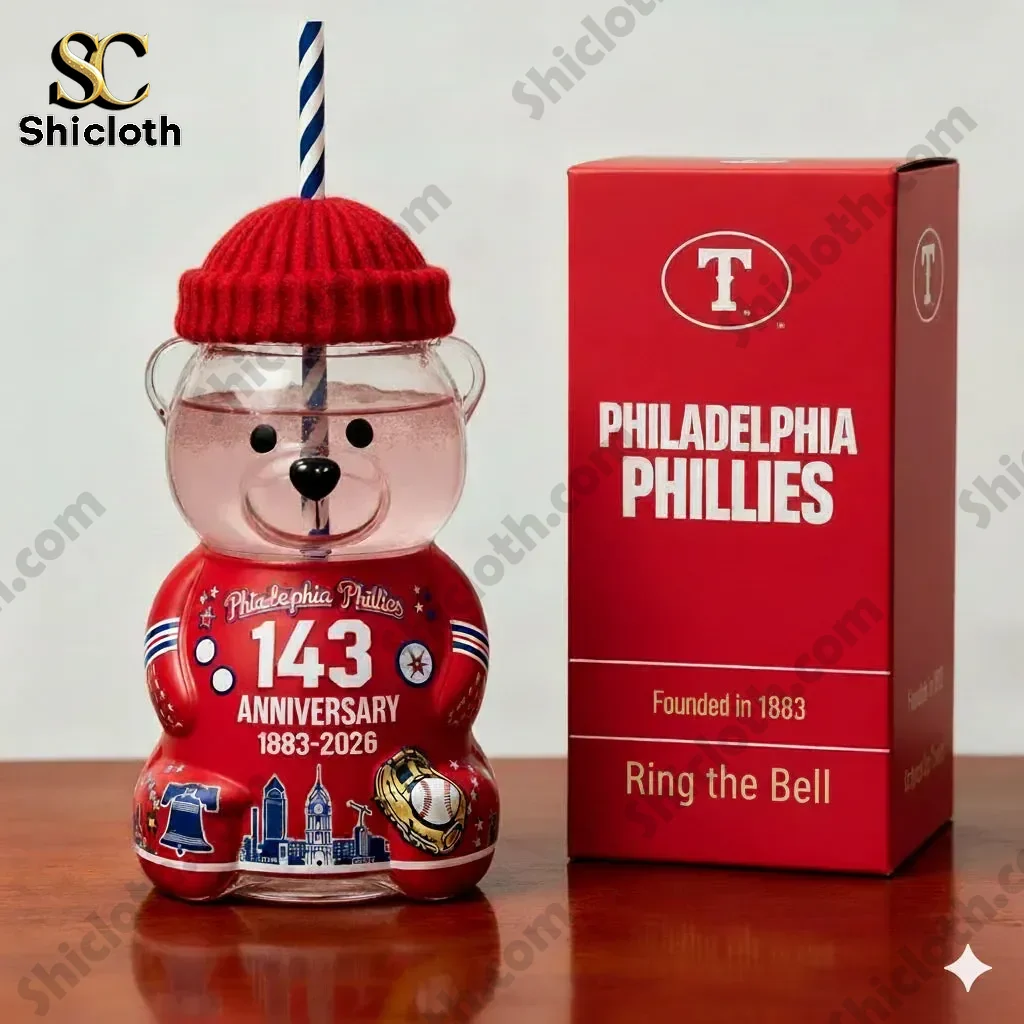 Philadelphia Phillies 143rd anniversary bear cup displayed next to a red Phillies box.