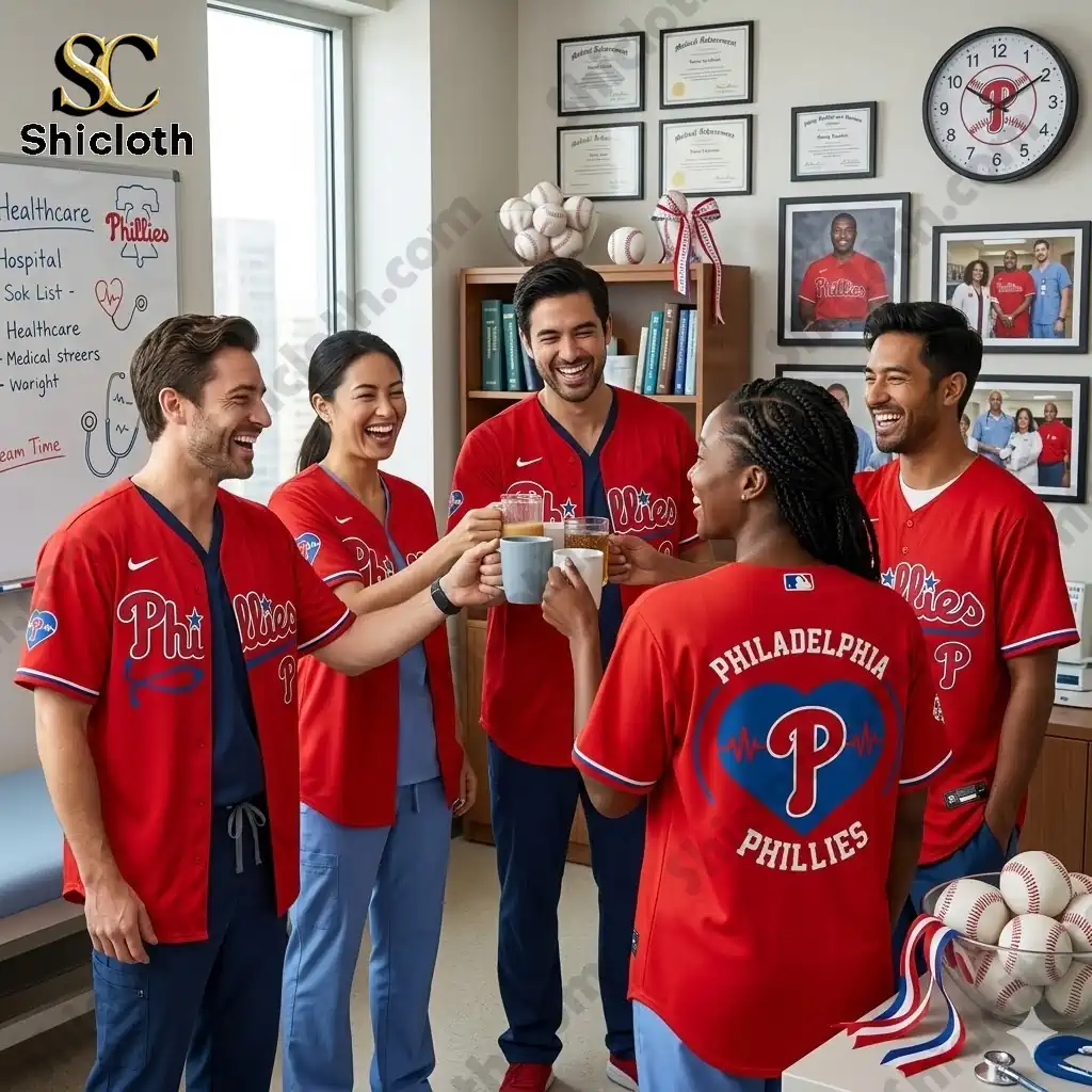 Healthcare staff wearing Philadelphia Phillies Healthcare Appreciation Night jerseys celebrating in a hospital office