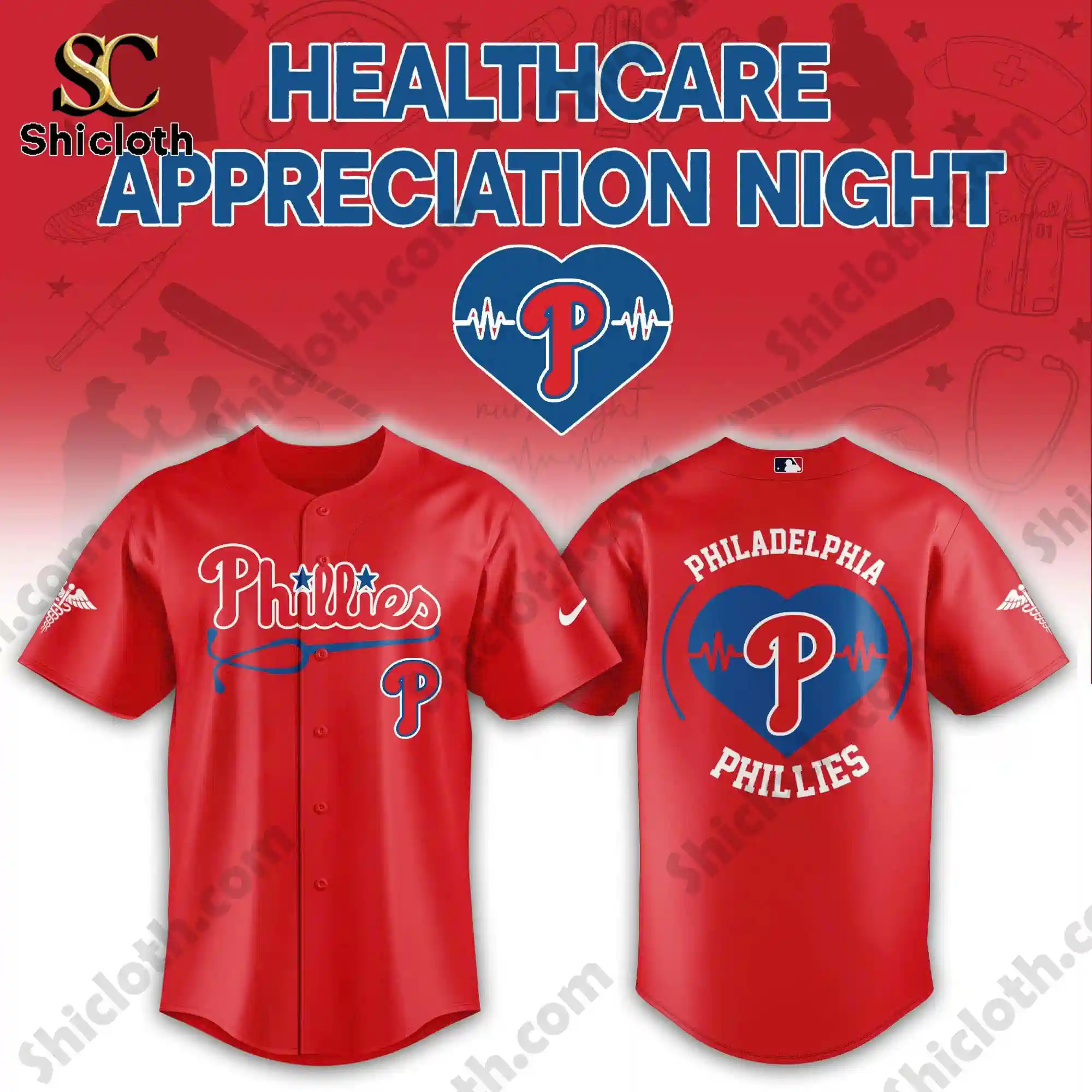 Red Philadelphia Phillies Healthcare Appreciation Night jersey front and back view with heart and heartbeat logo