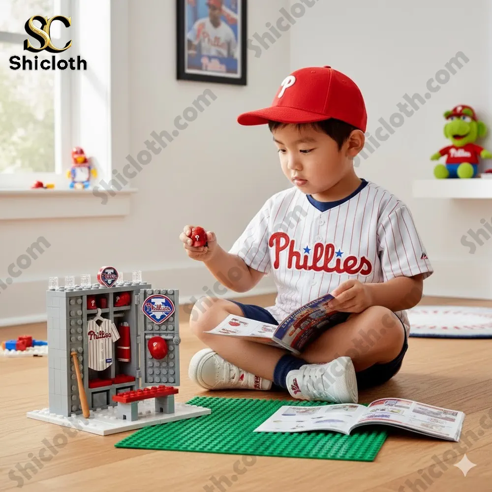 A young child playing with a baseball locker toy set!