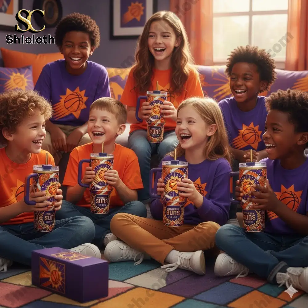 Kids holding Phoenix Suns tumblers and laughing together indoors!