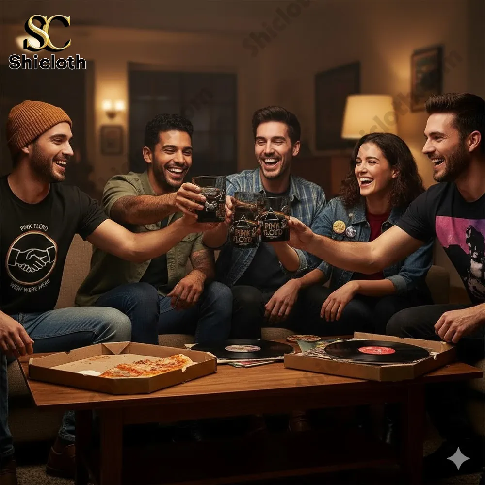 Friends toasting with Pink Floyd anniversary whiskey glasses in a cozy living room.