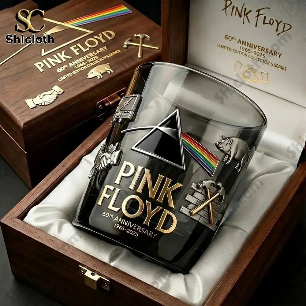Pink Floyd anniversary whiskey glass displayed in a wooden gift box.