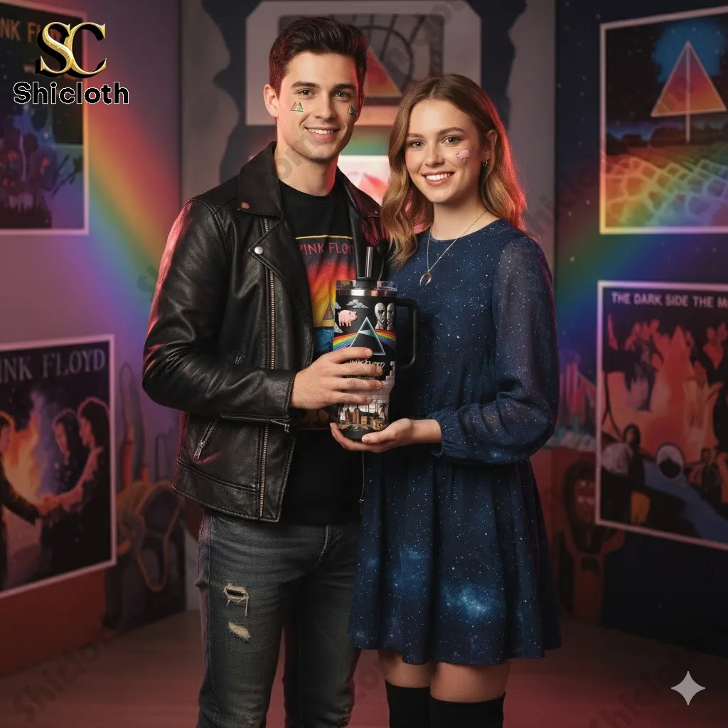 Oregon Ducks 131st Anniversary Tribute Tumbler 53 A smiling couple holding a Pink Floyd 60th Anniversary tumbler in a music themed room!