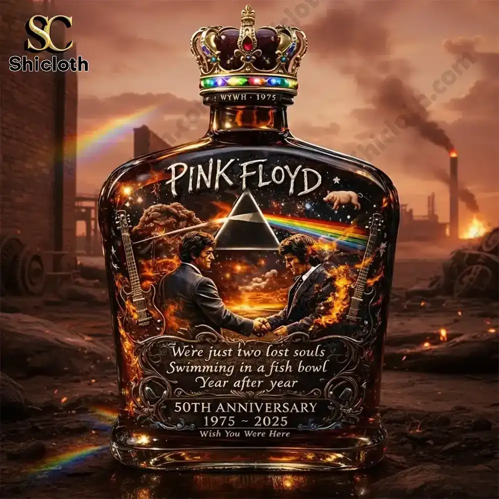 Pink Floyd Wish You Were Here 50Th Anniversary Crown Royal Whiskey Bottle And Glass Combo Set 3 Pink Floyd whiskey decanter with prism artwork in dramatic industrial scene!
