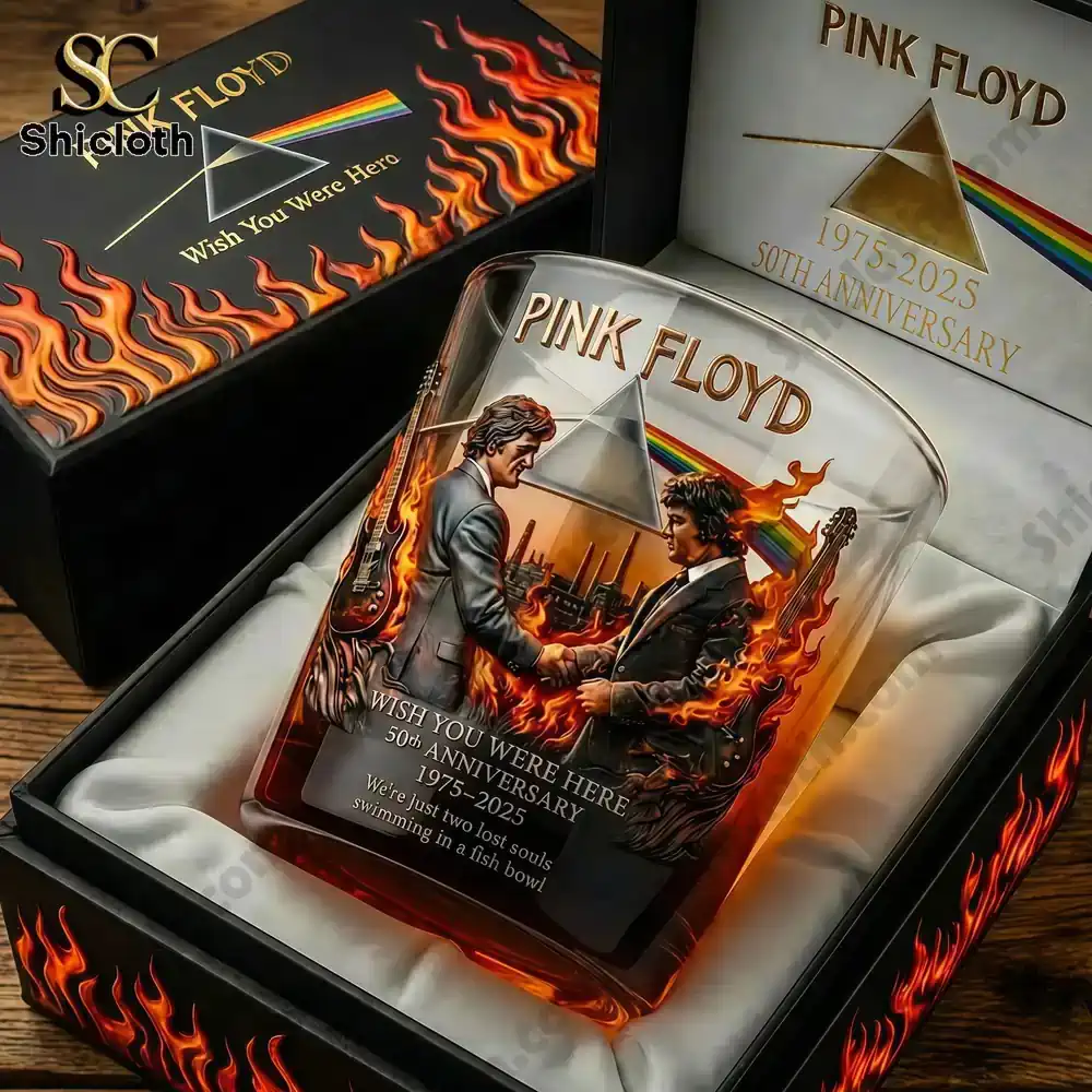 Pink Floyd Wish You Were Here 50Th Anniversary Crown Royal Whiskey Bottle And Glass Combo Set 4 Pink Floyd whiskey glass in premium gift box with album artwork!