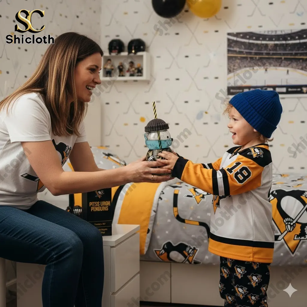 Mother giving a Pittsburgh Penguins bear bottle gift to a child in a hockey themed bedroom!