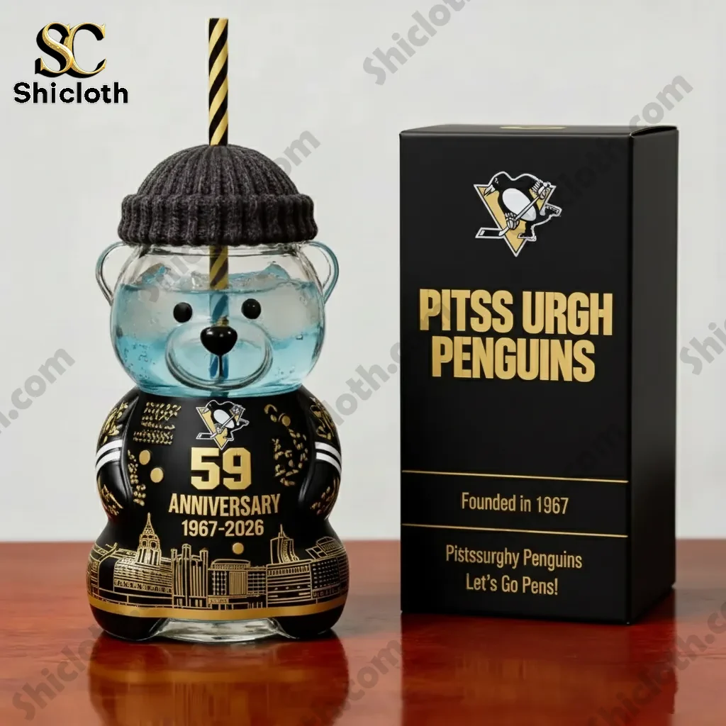 Pittsburgh Penguins bear bottle with anniversary design beside a branded gift box!