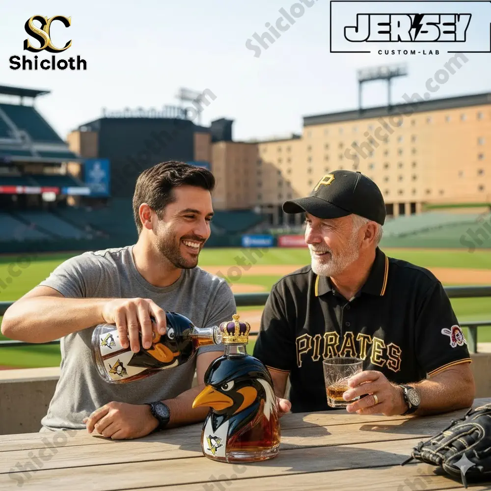 Man pouring drink from Pittsburgh Penguins themed whiskey bottle at stadium!
