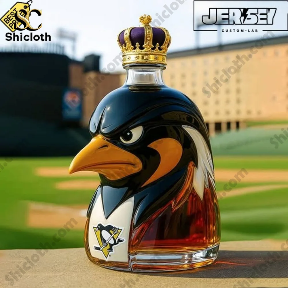 Close view of Pittsburgh Penguins penguin shaped whiskey bottle with crown!