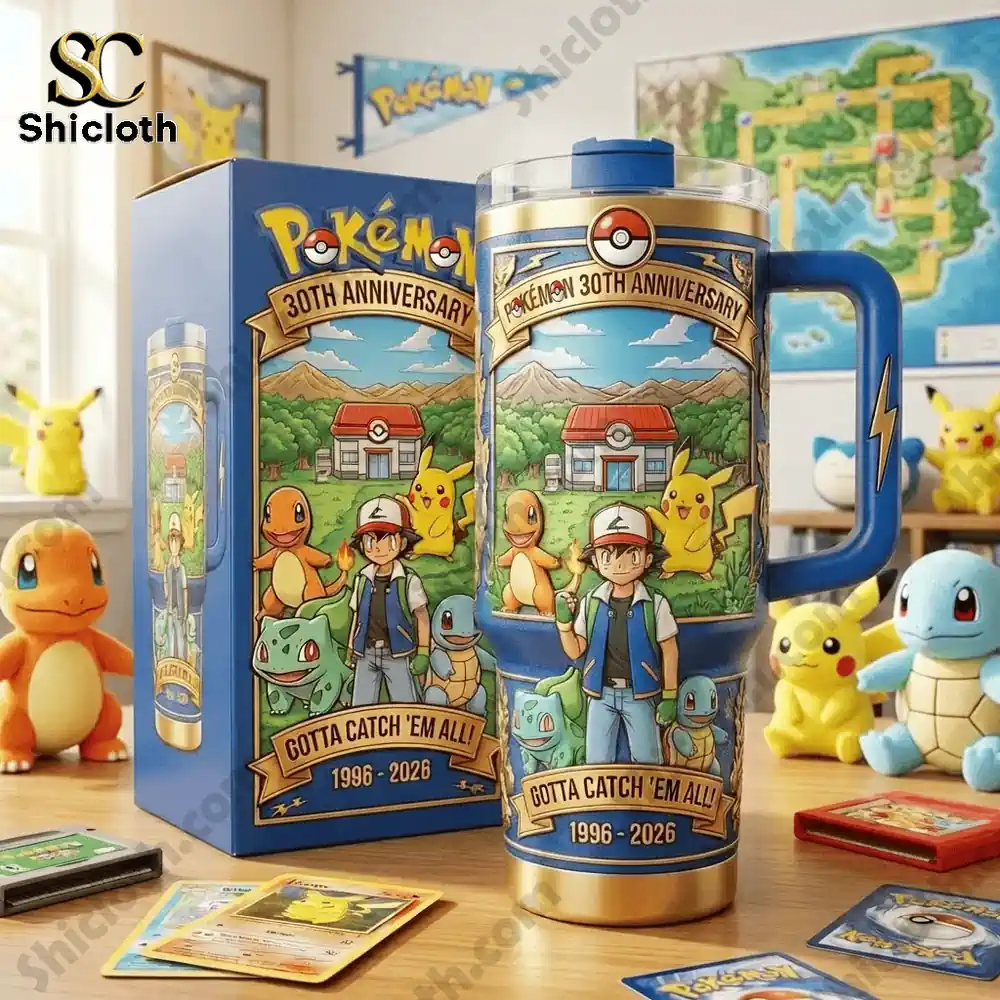 Pokemon 30th Anniversary Commemorative Editon Tumbler 4 Pokemon 30th Anniversary tumbler with Ash and starter Pokemon displayed with its box.