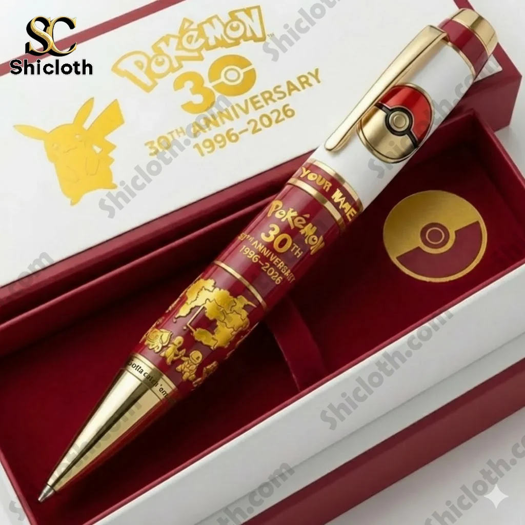 Close up of Pokemon 30th Anniversary pen in premium gift box by Shiclothg.