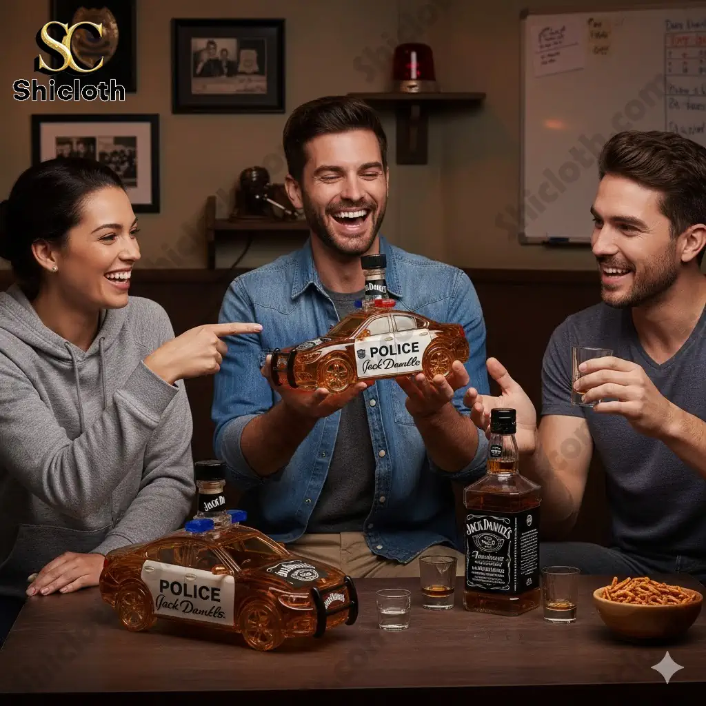 Three friends holding Jack Daniels police car whiskey bottle at a table!