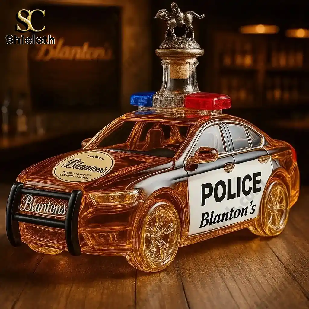 Blantons police car whiskey bottle on wooden table in bar setting!