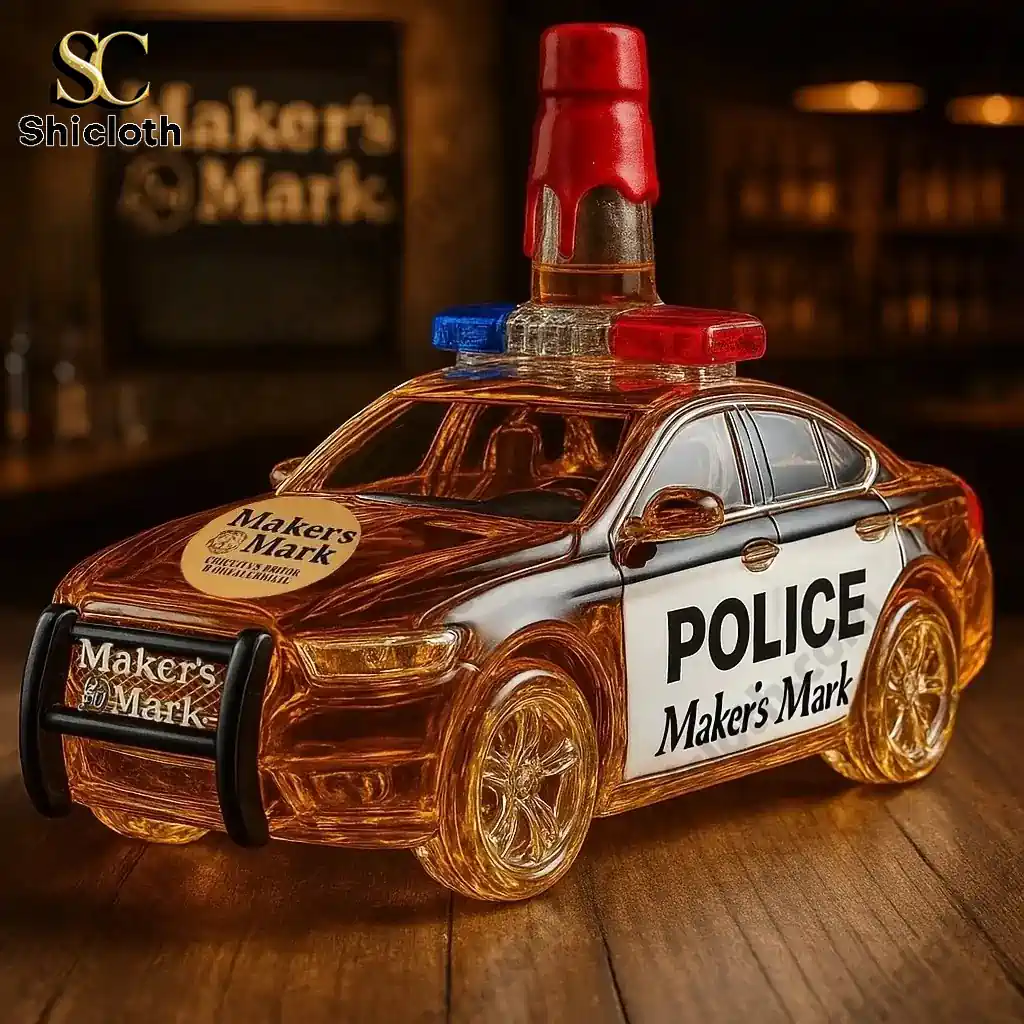 Police Car Crown Royal Bottle 3 Makers Mark police car whiskey bottle with red cap detail on wooden table!