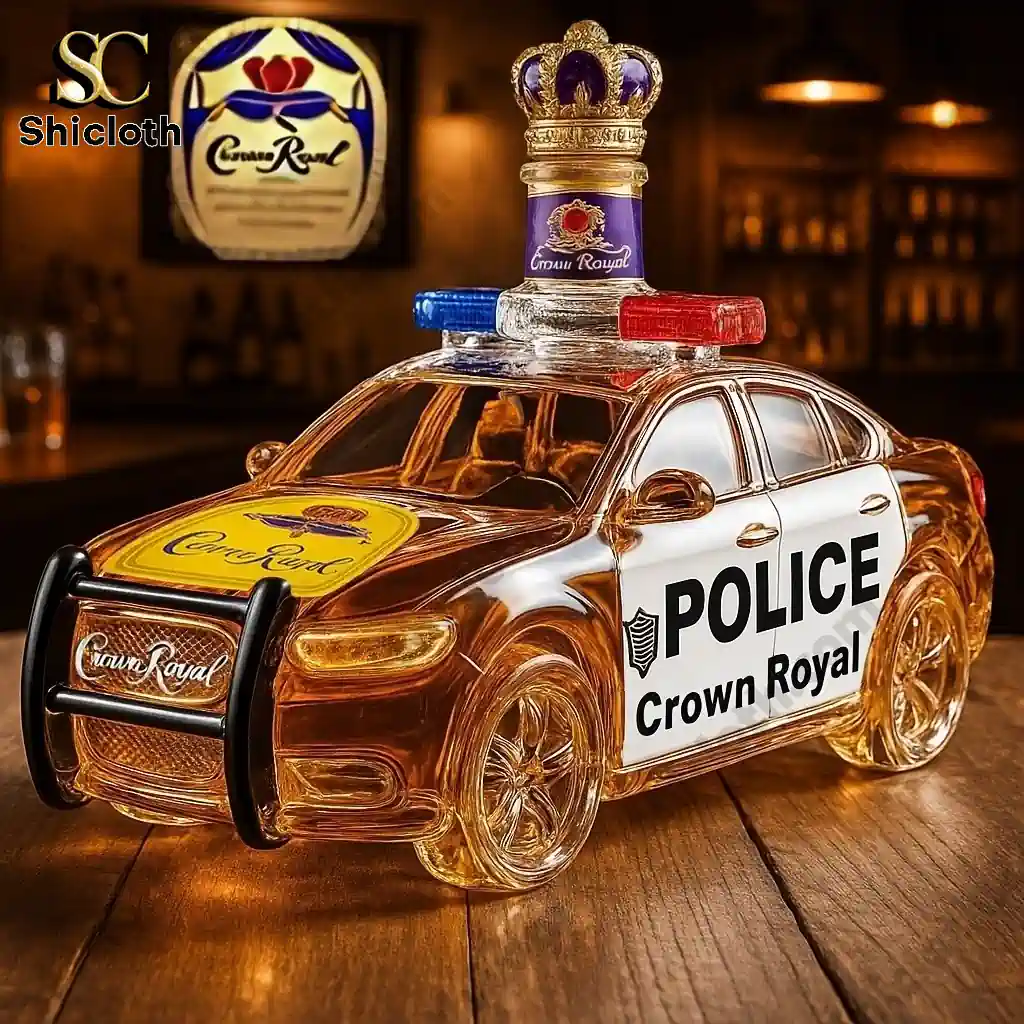 Police Car Crown Royal Bottle 4 Crown Royal police car whiskey bottle with crown cap topper on wooden table!