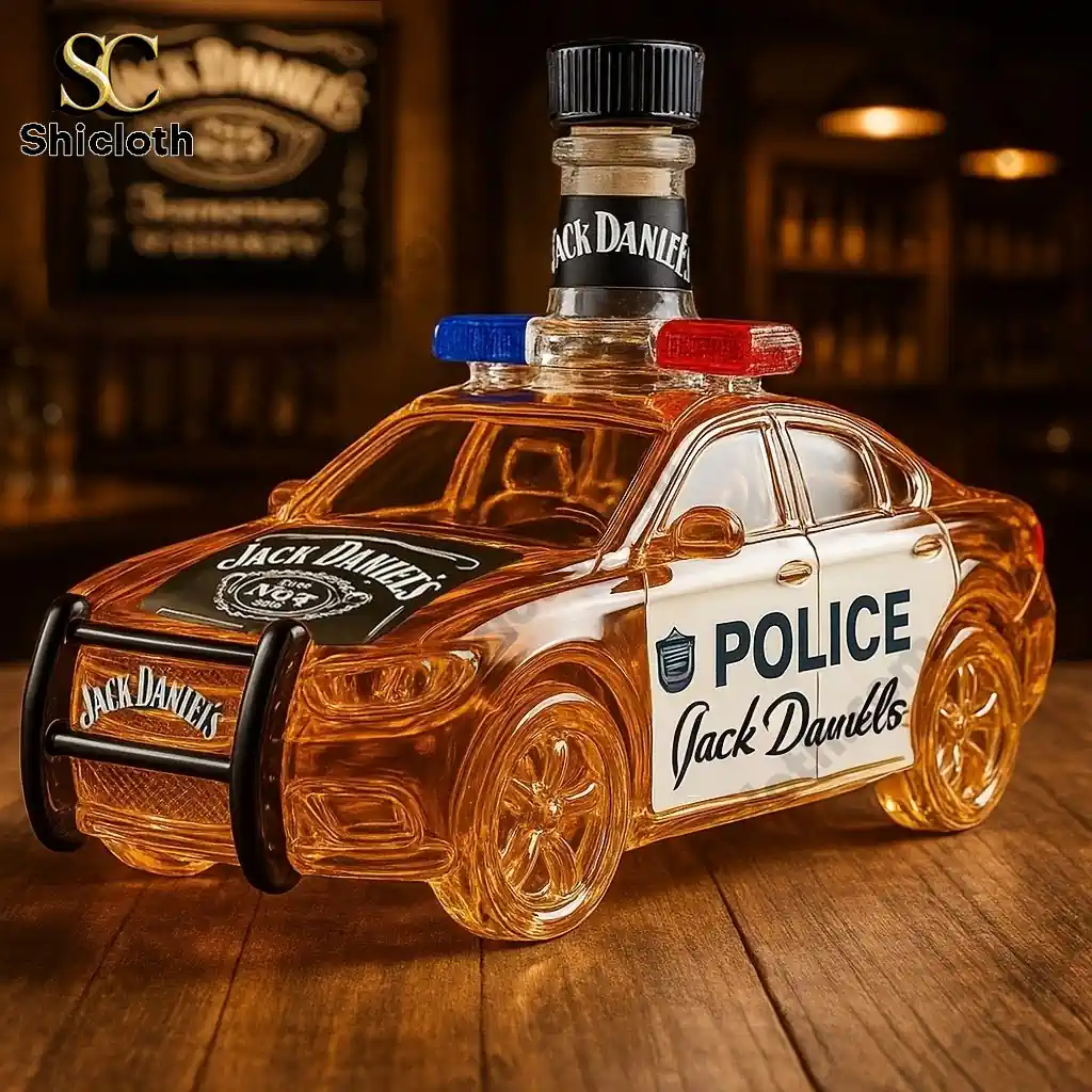 Police Car Crown Royal Bottle 5 Jack Daniels police car whiskey bottle displayed on wooden table in bar setting!