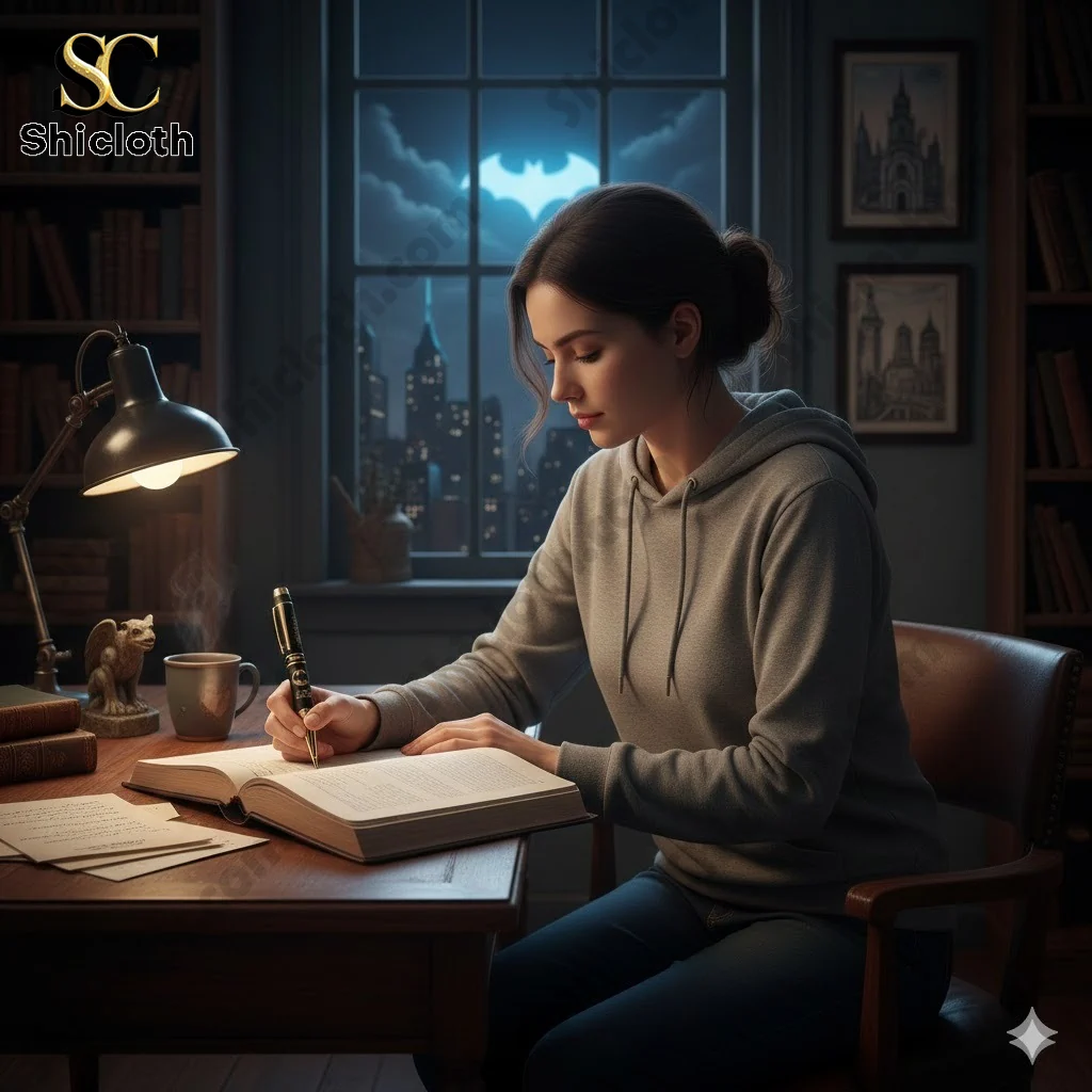 Woman writing in a notebook at night with a Batman themed pen!