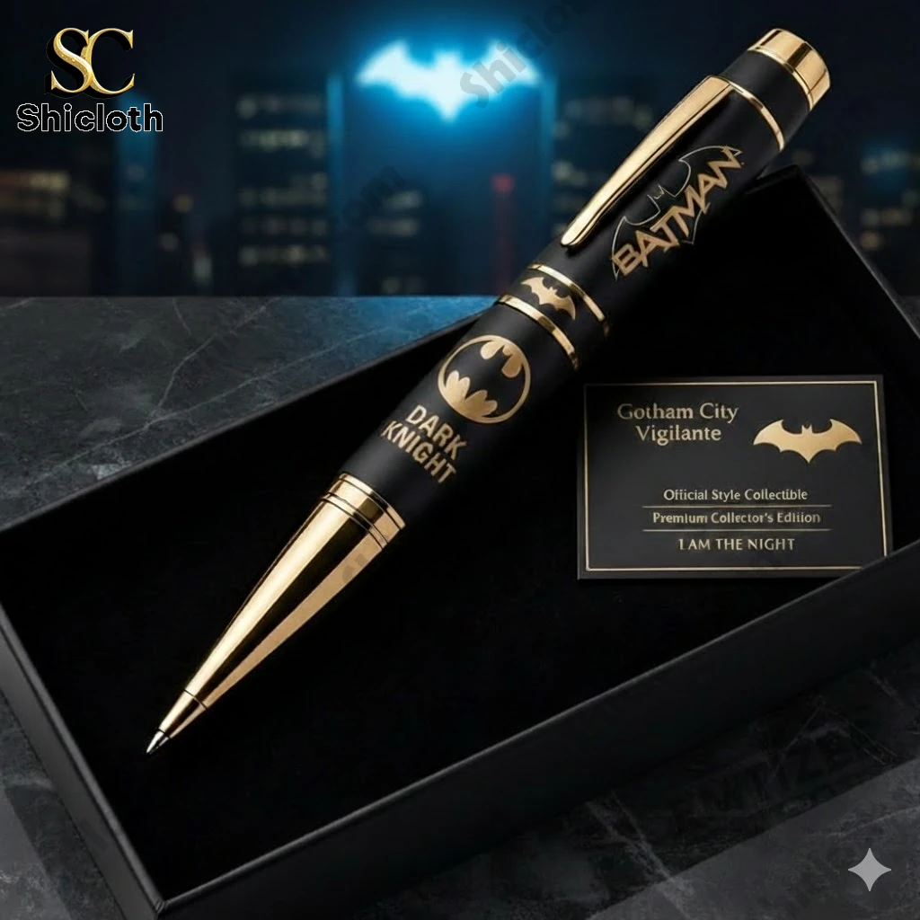 Close up of a black and gold Batman Dark Knight pen in a premium box!